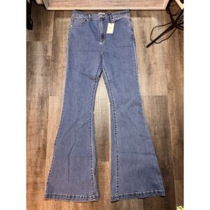 Forever 21 Womens High Waisted Flare Jeans Medium Wash Denim Size 31 Long NWT